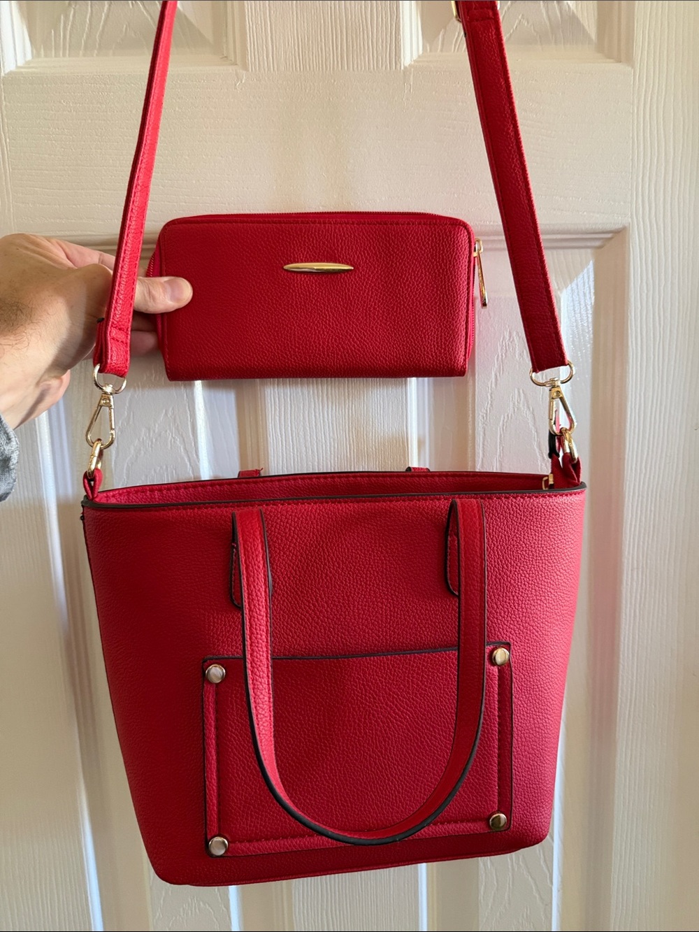 Red Women's Tote with Matching Wallet and Detachable Strap